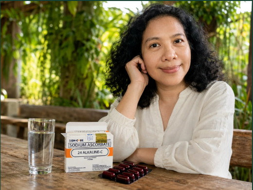 A woman seated at a table with 24 Alkaline-C, capsules, and a glass of water